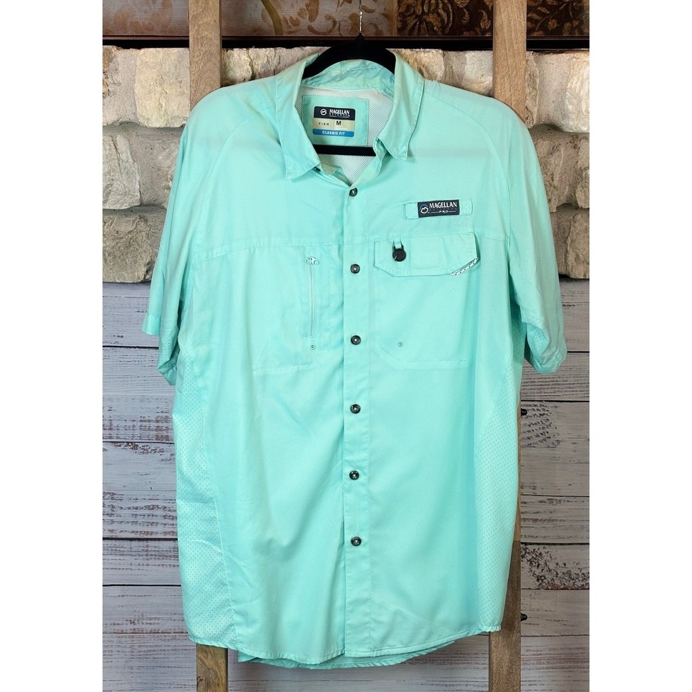 Magellan Outdoors Pro Fish Shirt Mens Medium Turquoise Short Sleeve Classic Fit